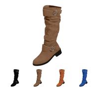 Bottes de cowboy occidentales pour femme, en daim, larges mollets plats, bottes montantes au genou, tête ronde, talon carré, chaussures d'hiver à enfiler, tendance et confortables, kaki, 39.5 EU