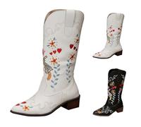 Bottes de cowboy occidentales pour femme - Larges mi-mollets épais - Talon bas - Broderie rétro - Chaussures antidérapantes légères et confortables - Chaussures épaisses, blanc, 37.5 EU