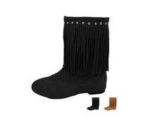 Bottes de cowboy occidentales pour femmes, bottes de mollet hautes aux genoux à franges pour femmes, bottes en faux daim à enfiler à talon plat et mi-mollet, faciles à enfiler et à enlever, Noir et