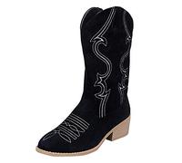 Bottes de cowboy pour femme avec broderie, talon mi-mollet, bottes de cowgirl occidentales décontractées à enfiler à enfiler, Noir , 38.5 EU
