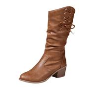 Bottes de cowboy pour femme avec talon bloc - Confortables - En cuir synthétique - Classiques et tendance - Antidérapantes - Hauteur au genou - Bout pointu, marron, 42 EU