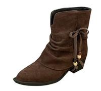 Bottes de cowboy pour femme Beige avec franges Bottes thermiques en fausse | Bottes d'hiver décontractées pour femme - Bottes demi-bottes de cowboy à talons épais - Bottes d'hiver bohème chaudes et