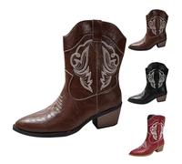 Bottes de cowboy pour femme - Bottes mi-larges à talon épais - En cuir synthétique brodé - Bout pointu - Chaussures de mariage occidentales, café, 38.5 EU