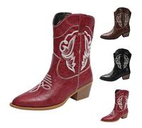 Bottes de cowboy pour femme - Bottes mi-larges à talon épais - En cuir synthétique brodé - Bout pointu - Chaussures de mariage occidentales, Rouge, 40 EU
