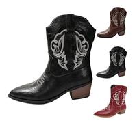 Bottes de cowboy pour femme - Bottes mi-larges à talon épais - En cuir synthétique brodé - Bout pointu - Chaussures de mariage occidentales, Noir , 40.5 EU