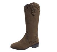 Bottes de cowboy pour femme, bottes mi-mollet en daim à bout pointu cloutées avec fermeture éclair latérale, talon bas, bottes occidentales confortables à enfiler, bottes de mariage, chaussures