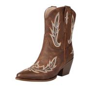 Bottes de cowboy pour femme, bottines de cowboy cowgirl occidentales à talons bas et épais à bout carré - Bottines courtes d'automne confortables brodées - Bottes mi-mollet rétro, marron, 39 EU
