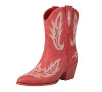 Bottes de cowboy pour femme, bottines de cowboy cowgirl occidentales à talons bas et épais à bout carré - Bottines courtes d'automne confortables brodées - Bottes mi-mollet rétro, Rouge, 40.5 EU