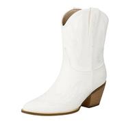 Bottes de cowboy pour femme, bottines de cowboy cowgirl occidentales à talons bas et épais à bout carré - Bottines courtes d'automne confortables brodées - Bottes mi-mollet rétro, blanc, 40 EU