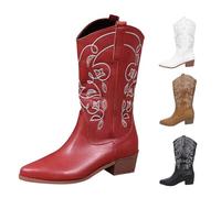 Bottes de cowboy pour femme - Bottines en cuir - Avec talon bloc - Bottes basses vintage - Broderie - Bottes d'équitation - Bout pointu - Bottes à enfiler - Bottes longues en cuir - Bottes d'hiver