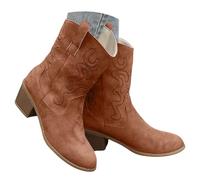 Bottes de cowboy pour femme - Bout pointu - Bottes mi-mollet Western en | Bottes courtes vintage brodées à gros talon bloc décontracté à enfiler, bottes courtes classiques larges en faux daim