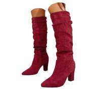 Bottes de cowboy pour femme - Hauteur genou - En daim - Bout pointu côtelé - Tige élastique extensible pour mollets larges - Cuir synthétique durable - Quatre couleurs : marron, rouge, noir, beige