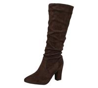 Bottes de cowboy pour femme - Hauteur genou - En daim - Bout pointu côtelé - Tige élastique extensible pour mollets larges - Cuir synthétique durable - Quatre couleurs : marron, rouge, noir, beige