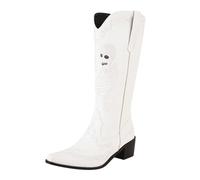 Bottes de cowboy pour femme - Motif tête de mort - Brodées - Mi-mollet - Pour Halloween - Talon épais - Chaussures de cowgirl à enfiler - Belles chaussures de fête rétro à bout pointu, blanc, 42 EU