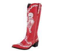 Bottes de cowboy pour femme - Motif tête de mort - Brodées - Mi-mollet - Pour Halloween - Talon épais - Chaussures de cowgirl à enfiler - Belles chaussures de fête rétro à bout pointu, Rouge, 41.5 EU