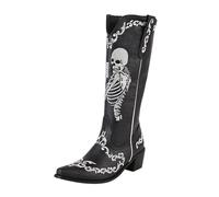 Bottes de cowboy pour femme - Motif tête de mort - Brodées - Mi-mollet - Pour Halloween - Talon épais - Chaussures de cowgirl à enfiler - Belles chaussures de fête rétro à bout pointu, Noir , 42 EU