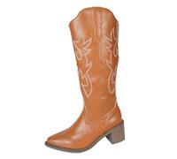 Bottes de cowboy pour femme - Tige large - Bottes hautes pour femme avec talon bloc - Bottes à enfiler - Broderie Jacquard - Bottes d'équitation antidérapantes - Bottes d'équitation longues en cuir
