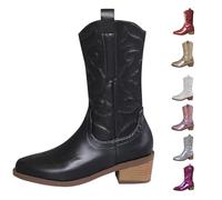 Bottes de cowboy pour femmes, bottes de cowgirl à bout pointu à gros talon à enfiler avec bottes de cowgirl mi-mollet confortables et tendance en cuir synthétique brodé rétro classique pour fêtes et