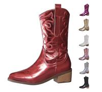 Bottes de cowboy pour femmes, bottes de cowgirl à bout pointu à gros talon à enfiler avec bottes de cowgirl mi-mollet confortables et tendance en cuir synthétique brodé rétro classique pour fêtes et