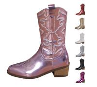 Bottes de cowboy pour femmes, bottes de cowgirl à bout pointu à gros talon à enfiler avec bottes de cowgirl mi-mollet confortables et tendance en cuir synthétique brodé rétro classique pour fêtes et