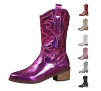 Bottes de cowboy pour femmes, bottes de cowgirl à bout pointu à gros talon à enfiler avec bottes de cowgirl mi-mollet confortables et tendance en cuir synthétique brodé rétro classique pour fêtes et