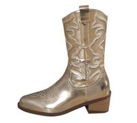 Bottes de cowboy pour femmes brodées mi-mollet bottines femmes à enfiler sur talon épais mollet large mollet bottes de cowgirl à enfiler occidentales bottines d'hiver pour fêtes et bals, golden/e, 40