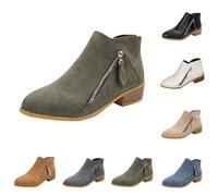 Bottes de cowboy rétro en cuir synthétique pour femme - Bottes courtes avec fermeture éclair - Bottines mi-hautes avec talon bloc en daim - Élégantes - Bottines à enfiler pour le printemps et l'été