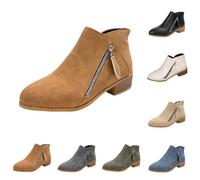 Bottes de cowboy rétro en cuir synthétique pour femme - Bottes courtes avec fermeture éclair - Bottines mi-hautes avec talon bloc en daim - Élégantes - Bottines à enfiler pour le printemps et l'été
