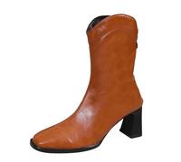 Bottes de cowboy western 2025 à talon carré pour femme d'Europe et des États-Unis avec col en V et fermeture éclair à l'arrière, bottes mi-hautes pour femme au-dessus du genou pour femme 44, marron