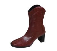 Bottes de cowboy western 2025 à talon carré pour femme d'Europe et des États-Unis avec col en V et fermeture éclair à l'arrière, bottes moyennes pour femme à talon argenté, rouge, 37 EU