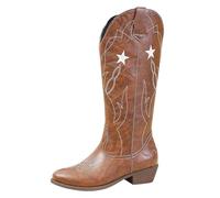 Bottes de cowgirl occidentales, broderie étoile noire, longueur mi-mollet, bottes à talon haut et épais pour femme, pointe tendance, classique, hiver pour femme, marron, 38 EU