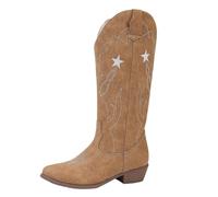Bottes de cowgirl occidentales, broderie étoile noire, longueur mi-mollet, bottes à talon haut et épais pour femme, pointe tendance, classique, hiver pour femme, jaune, 39.5 EU