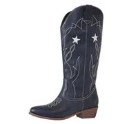 Bottes de cowgirl occidentales, broderie étoile noire, longueur mi-mollet, bottes à talon haut et épais pour femme, pointe tendance, classique, hiver pour femme, bleu marine, 37 EU