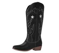 Bottes de cowgirl occidentales, broderie étoile noire, longueur mi-mollet, bottes à talon haut et épais pour femme, pointe tendance, classique, hiver pour femme, Noir , 37 EU