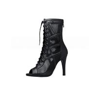 Bottes de Danse en Maille à Lacets pour Femmes, Chaussures de Danse Latine, Salsa et Salon à Talons Hauts et Bout Ouvert avec Fermeture éclair à l'arrière,Black 2 (9.5cm),42