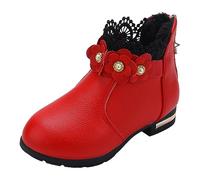 Bottes de jardinage pour filles - Chaussures tendance - En peluche - Tube bas - Fleurs 3D - Imprimé fleurs - Bottes en cuir - Taille 2, Rouge, 36 EU