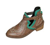 Bottes de marche pour femme à bout pointu brodé, à talons épais, plus faciles à mettre et à enlever, bottines en cuir romain avec boucle, idéales pour l'automne, la randonnée, le trekking, l'extérieur