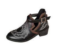 Bottes de marche pour femme à bout pointu brodé, à talons épais, plus faciles à mettre et à enlever, bottines en cuir romain avec boucle, idéales pour l'automne, la randonnée, le trekking, l'extérieur