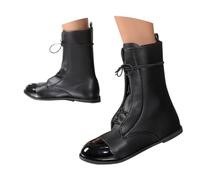 Bottes de mocassin plates pour femme - Bottes courtes à lacets médiévales - En cuir synthétique - Style rétro - Style rétro - Style steampunk - Style viking, Noir , 36 EU