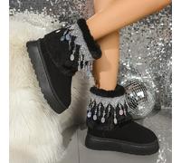 Bottes de mode confortables pour femmes à bout rond avec semelles antidérapantes, doublure en fausse fourrure, décoration de strass et de gland, convenant pour l'extérieur, le casual, la neige, les va