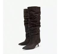 Bottes de mode pour femmes, nouvelle arrivée automne/hiver 2025, chaussures pour femmes, bottes hautes plissées à bout pointu, bottes hautes mou, bottes mi-mollet à petit talon, bottes hautes marron C