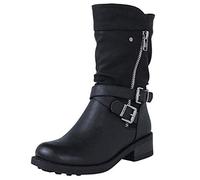 Bottes de motard en cuir synthétique pour femme avec talon bloc mi-mollet - Bottes d'équitation rétro western avec boucle - Bottes de motard à la mode - Bottes de motard avec talon bas, Noir , 42 EU