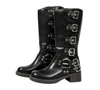 Bottes de motard mi-mollet pour femme avec sangles à rivets décoratifs et talon bloc épais boucle réglable bottes de combat pour femme punk mode décontractée marche confortable robe chaussures de fête