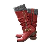 Bottes de neige chaudes à talon bas pour femme rétro brodées mi-mollet bottes à talon rond bout rond épais talons bas d'hiver mi-mollet bottes d'équitation, Rouge, 36 EU
