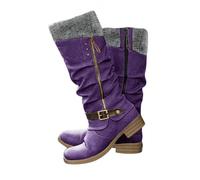 Bottes de neige chaudes à talon bas pour femme rétro brodées mi-mollet bottes à talon rond bout rond épais talons bas d'hiver mi-mollet bottes d'équitation, violet, 36 EU