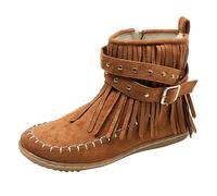 Bottes de neige décontractées à franges de couleur unie pour femme - Confortables - Taille moyenne cylindrique - Tête ronde - Grande taille - Cheville occidentale, marron, 39.5 EU