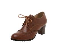 Bottes de neige pour femme 2026 - Grande taille - Chaussures en cuir tendance et confortables - Bout rond - Talon carré - Lacets épais, marron, 37.5 EU