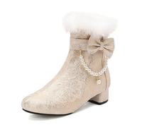Bottes de neige rétro brodées avec nœud pour femme - Bout rond - Talon bloc bas - Confortables Lolita - Avec fermeture éclair, jaune, 40 EU