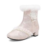 Bottes de neige rétro Lolita en dentelle patchwork fermeture éclair latérale bout rond talon bloc chaud hiver bottes courtes pour femme, rose, 41 EU