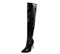 Bottes de neige tendance 2026 pour femme, couleur unie, cuir brillant, fermeture éclair latérale, talon fin au-dessus du genou, Noir , 37.5 EU